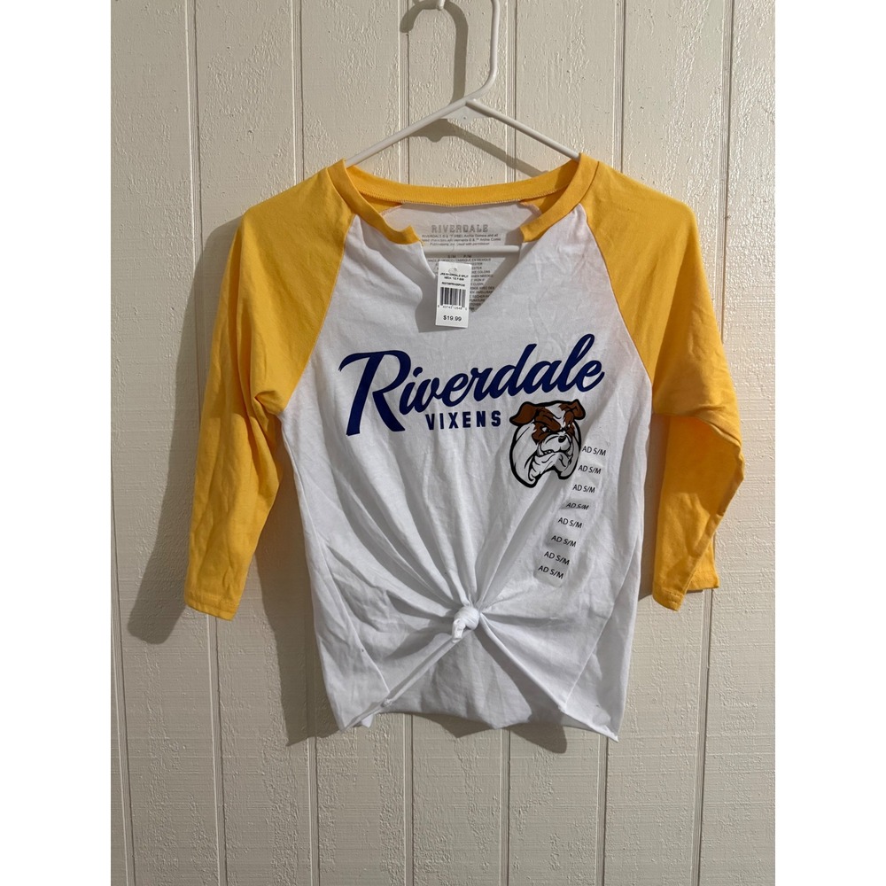 Riverdale Vixens Raglan Baseball Tee Yellow White 3/4 Sleeve Front Knot NWT S/M